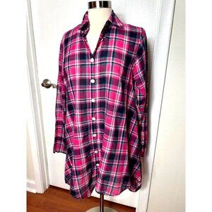 NWT TULIP Brand Hannah Button Lagenlook Relaxed Tunic in Azalea Plaid Women's S